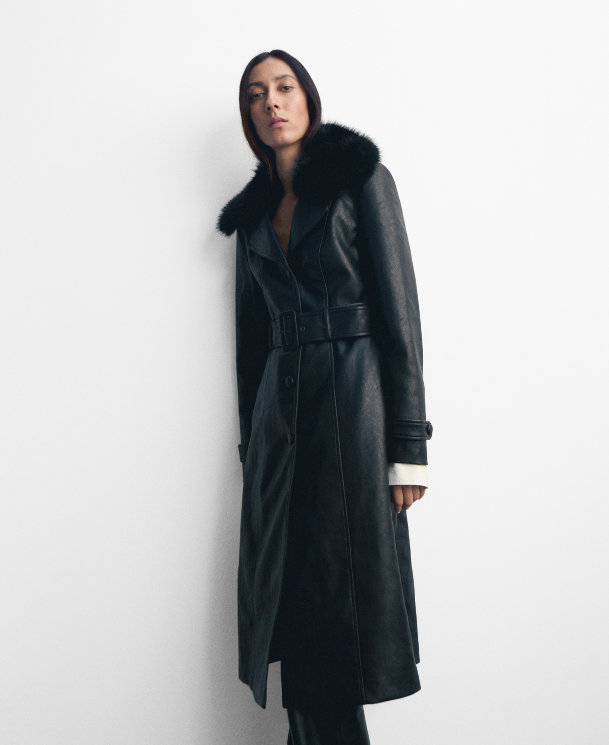 Mango Leather‑Effect Coat with Fur Collar, Black