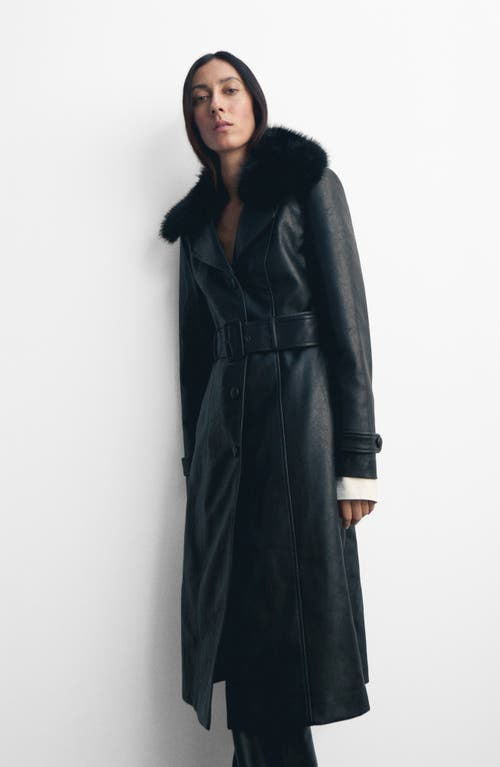 Mango Leather‑Effect Coat with Fur Collar, Black
